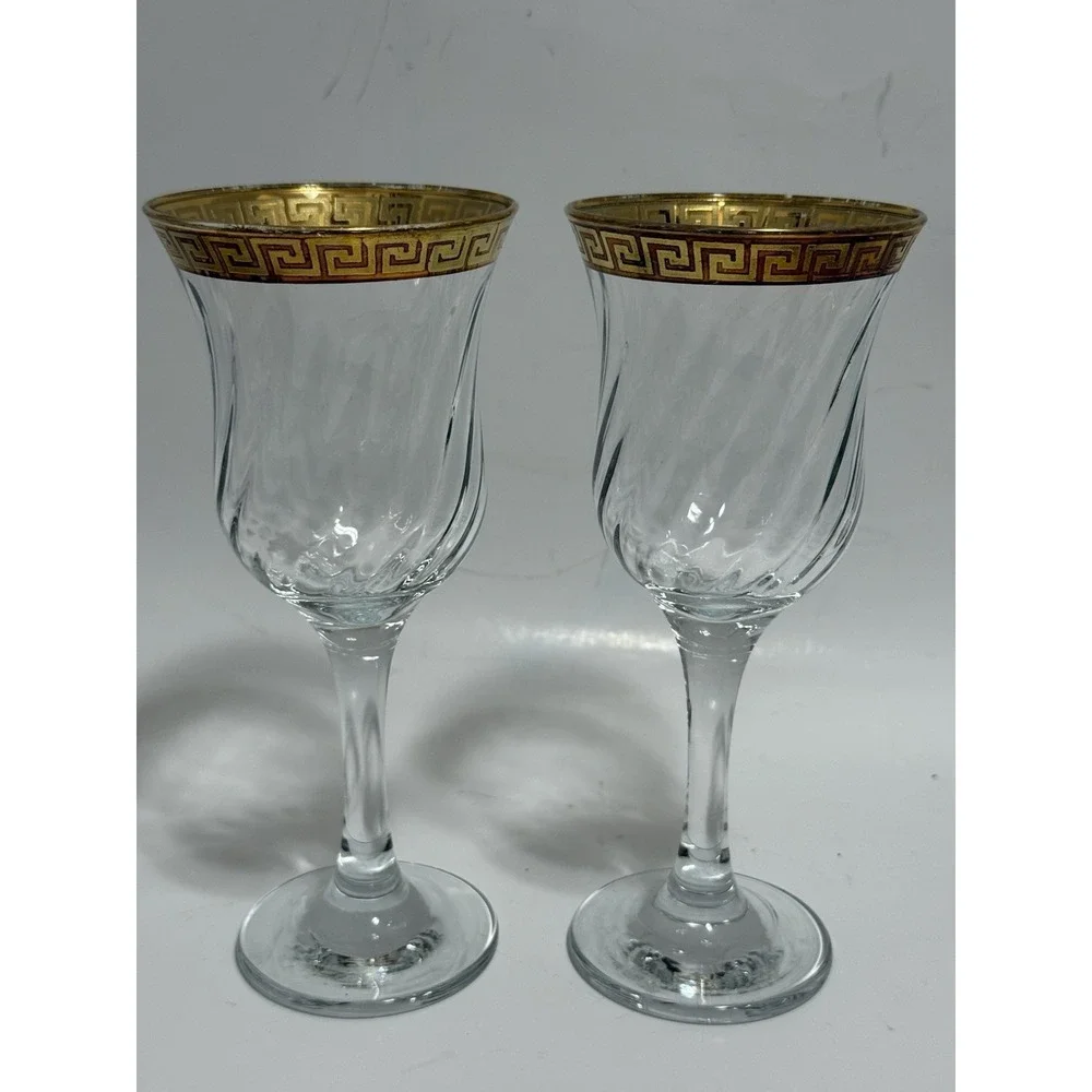Vintage Gold Greek Key Wine Glasses Set‎ of 2 Optic Swirl Bowl Elegant Barware